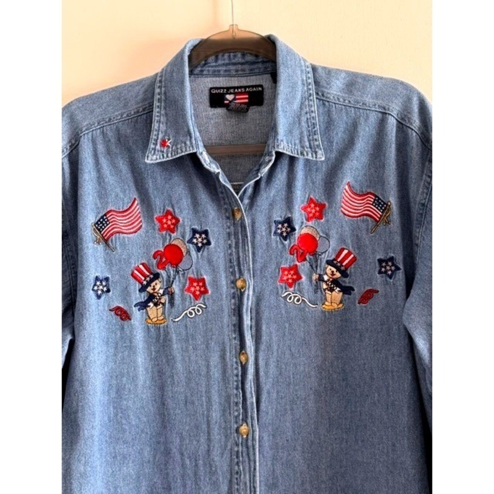 Vintage Patriotic Denim Shirt Medium Embroidered Uncle Sam Bear Fourth of July - Picture 2 of 8